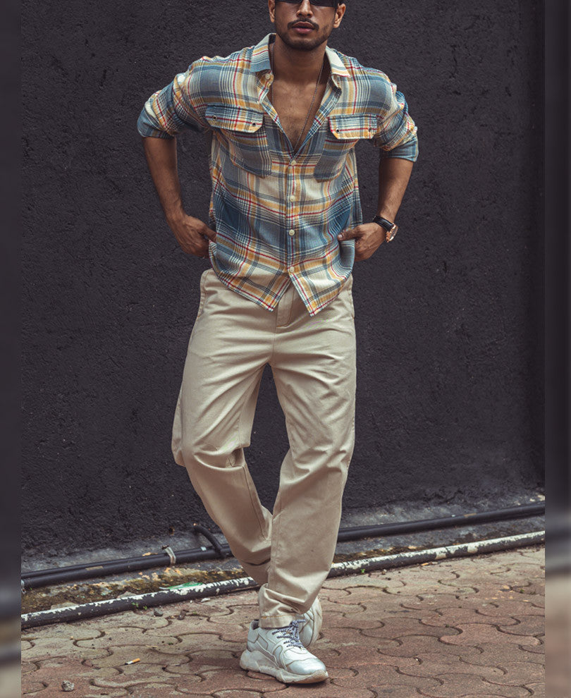 Multi Color Plaid Checks Oversize Drop Shoulder Shirt 100% Cotton
