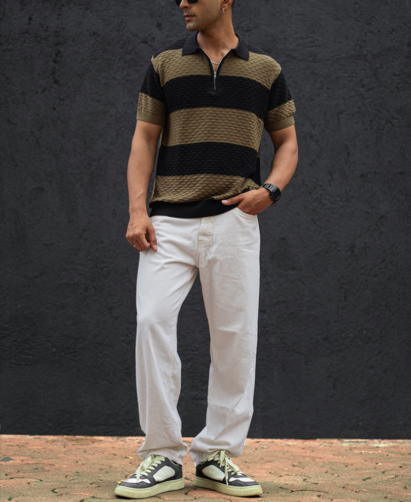 Olive Green and Black Structured Striped Regular Half Sleeves T Shirt 100% Cotton