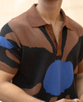 Brown Floral Knit Polo T-Shirt 100% Cotton