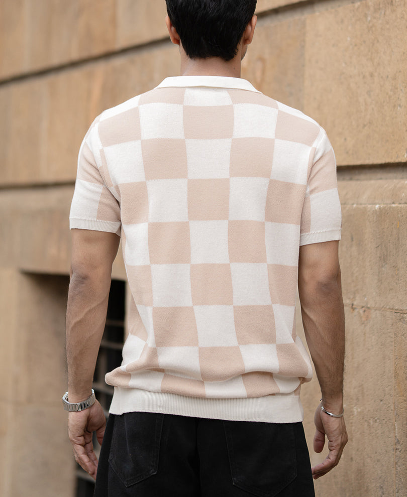 White And Beige Checkerboard Knit T-Shirt 100% Cotton