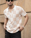 White And Beige Checkerboard Knit T-Shirt 100% Cotton