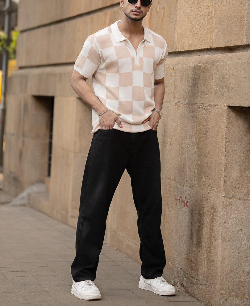 White And Beige Checkerboard Knit T-Shirt 100% Cotton