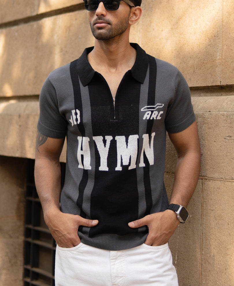 Grey Jacquard Half Sleeves Knit Polo T-Shirt 100% Cotton