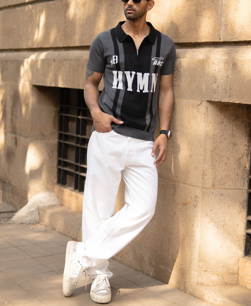 Grey Jacquard Half Sleeves Knit Polo T-Shirt 100% Cotton
