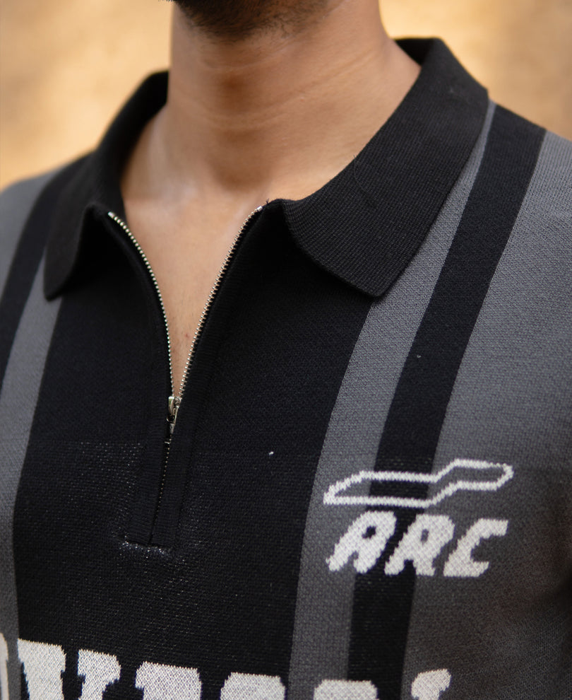 Grey Jacquard Half Sleeves Knit Polo T-Shirt 100% Cotton