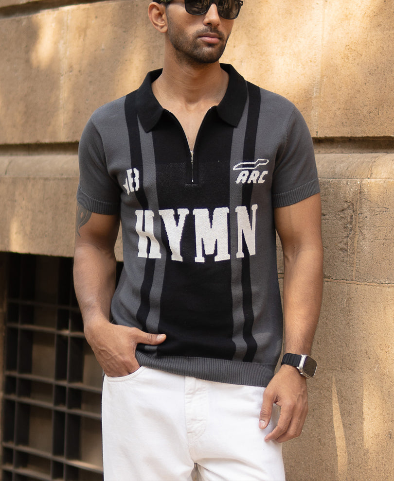 Grey Jacquard Half Sleeves Knit Polo T-Shirt 100% Cotton