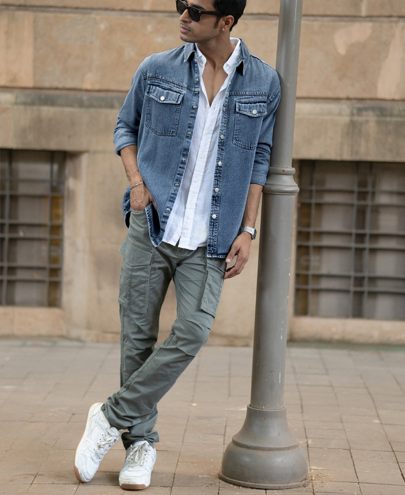 Mid Blue Washed Denim Regular Fit Overshirt 100% Cotton