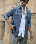 Mid Blue Washed Denim Regular Fit Overshirt 100% Cotton