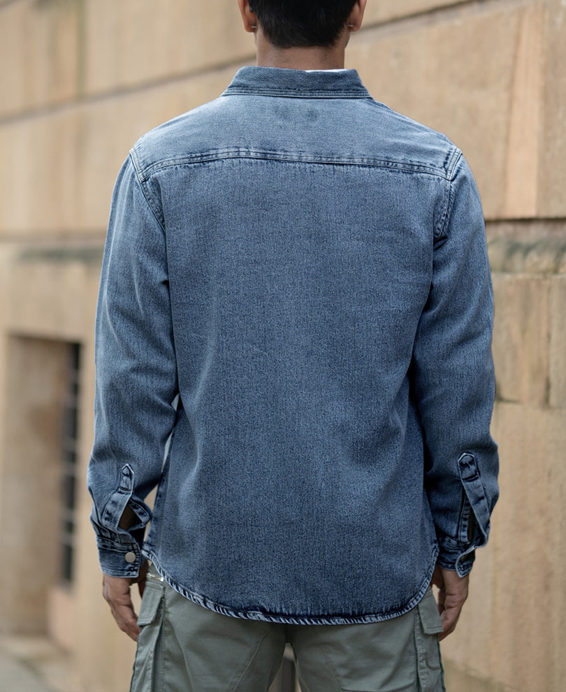 Mid Blue Washed Denim Regular Fit Overshirt 100% Cotton