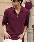 Wine Knitted Zipper Polo T-Shirt 100% Cotton