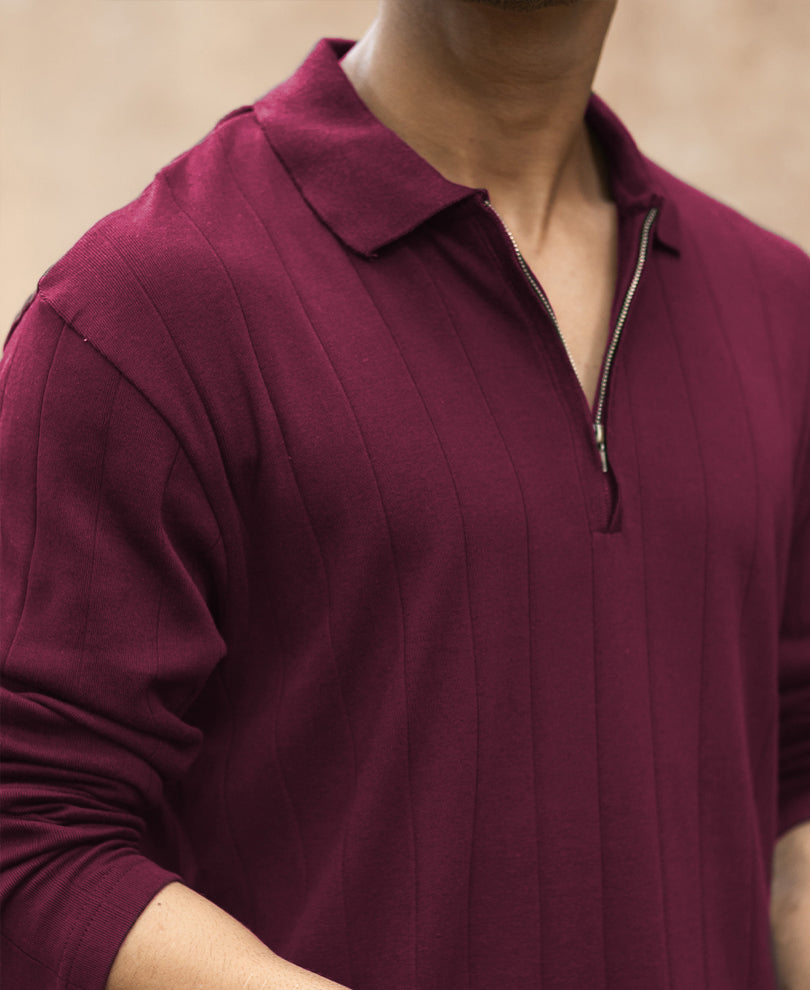 Wine Knitted Zipper Polo T-Shirt 100% Cotton
