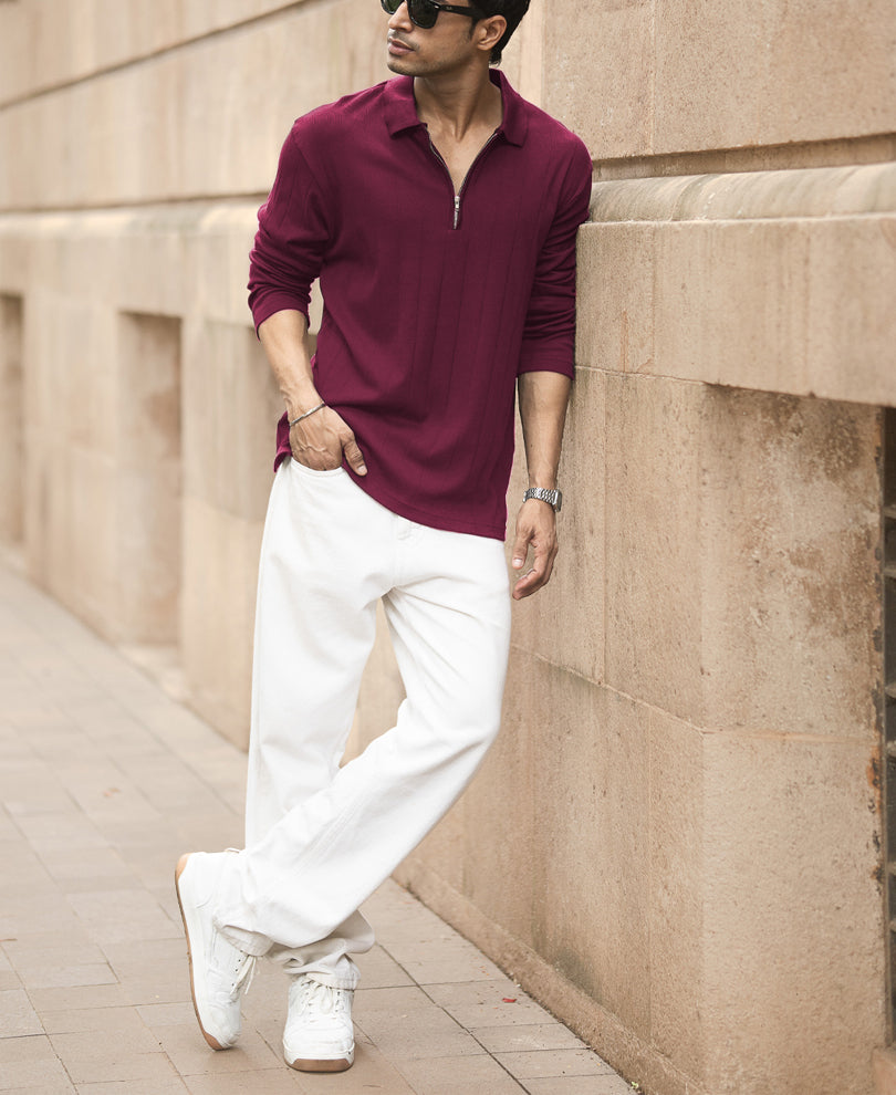 Wine Knitted Zipper Polo T-Shirt 100% Cotton