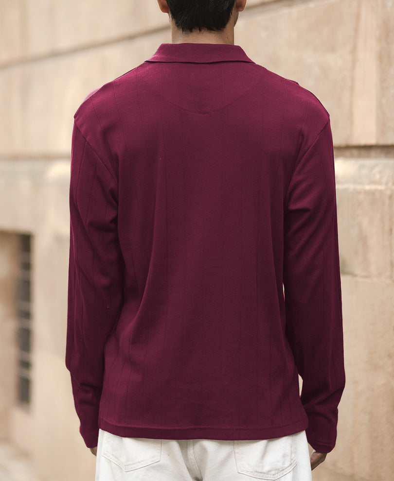 Wine Knitted Zipper Polo T-Shirt 100% Cotton