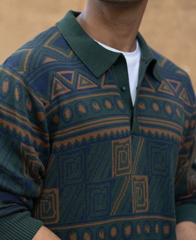 Multicolour Geometric Jacquard Knit T-Shirt 100% Cotton