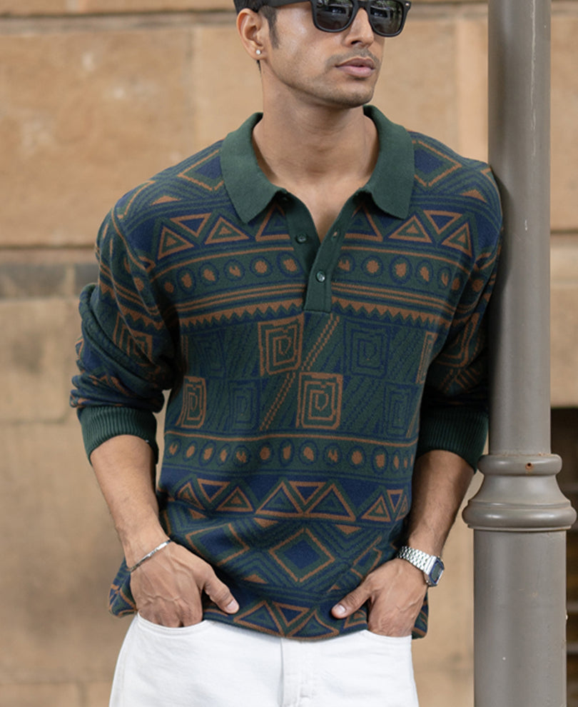 Multicolour Geometric Jacquard Knit T-Shirt 100% Cotton
