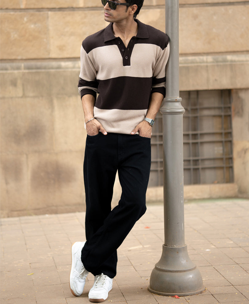 Brown Structured Knit Striped T-Shirt 100% Cotton