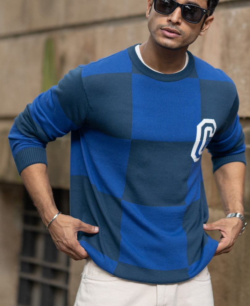 Blue Jacquard Knit T-Shirt 100% Cotton