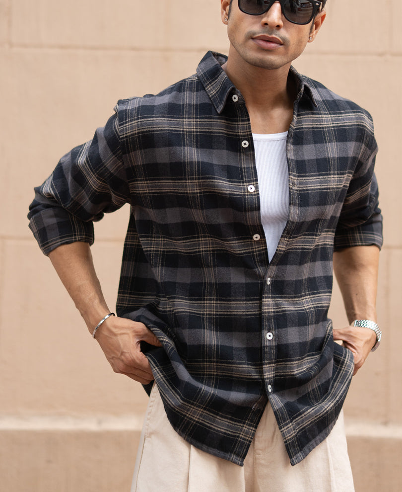 Grey Brushed Checked Shirt 100% Cotton