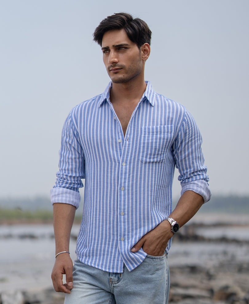 Blue Double Cloth Stripe Shirt 100% Cotton