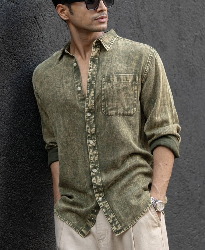 Olive Overdyed Lightweight Shirt 100% Cotton