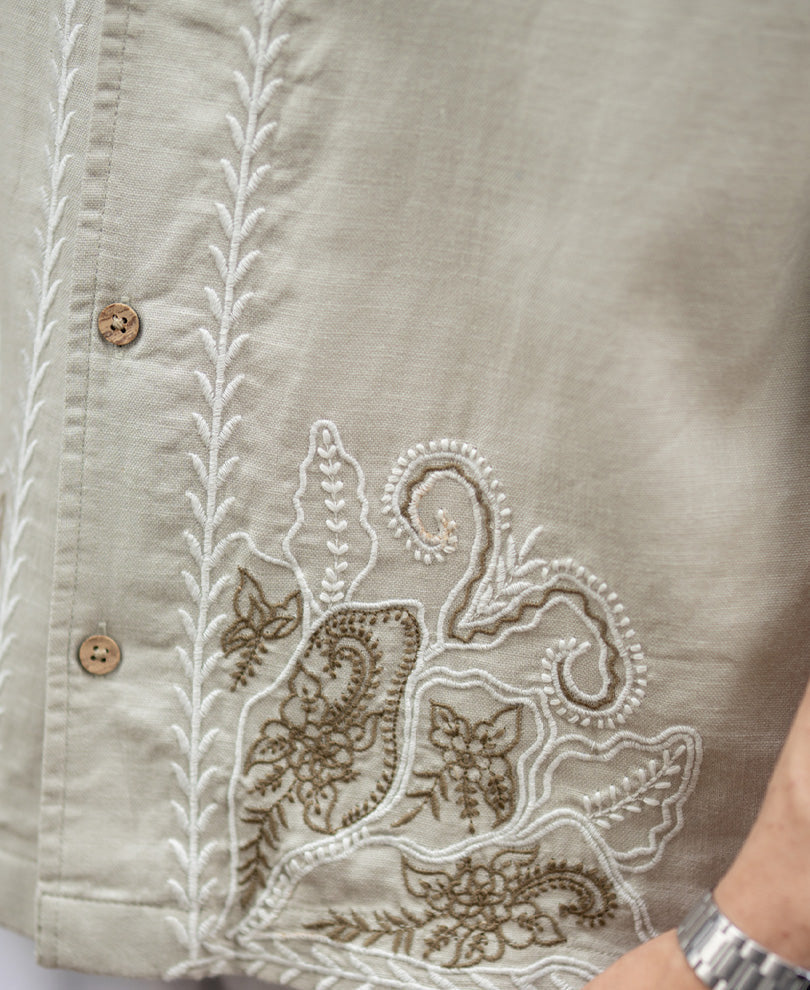 Beige Floral Embroidery Shirt 100% Cotton