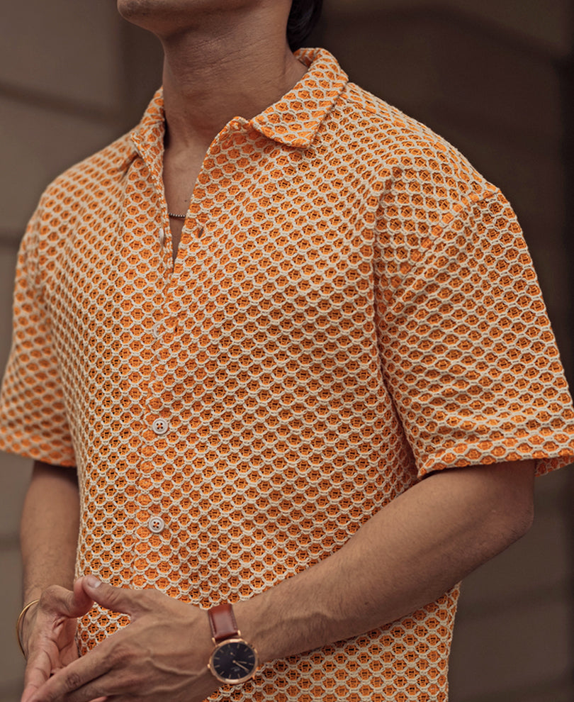Orange and White Crochet Knit Oversized Shirt 100% Cotton
