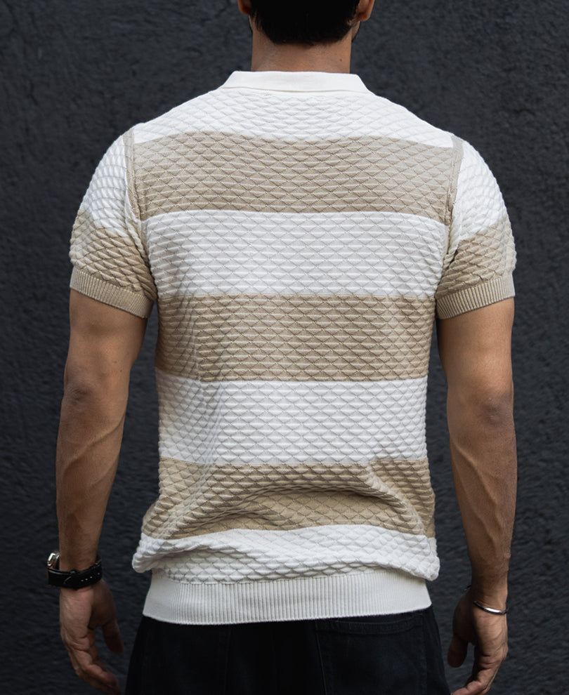 Off White Structured Striped Regular Half Sleeves T Shirt 100% Cotton