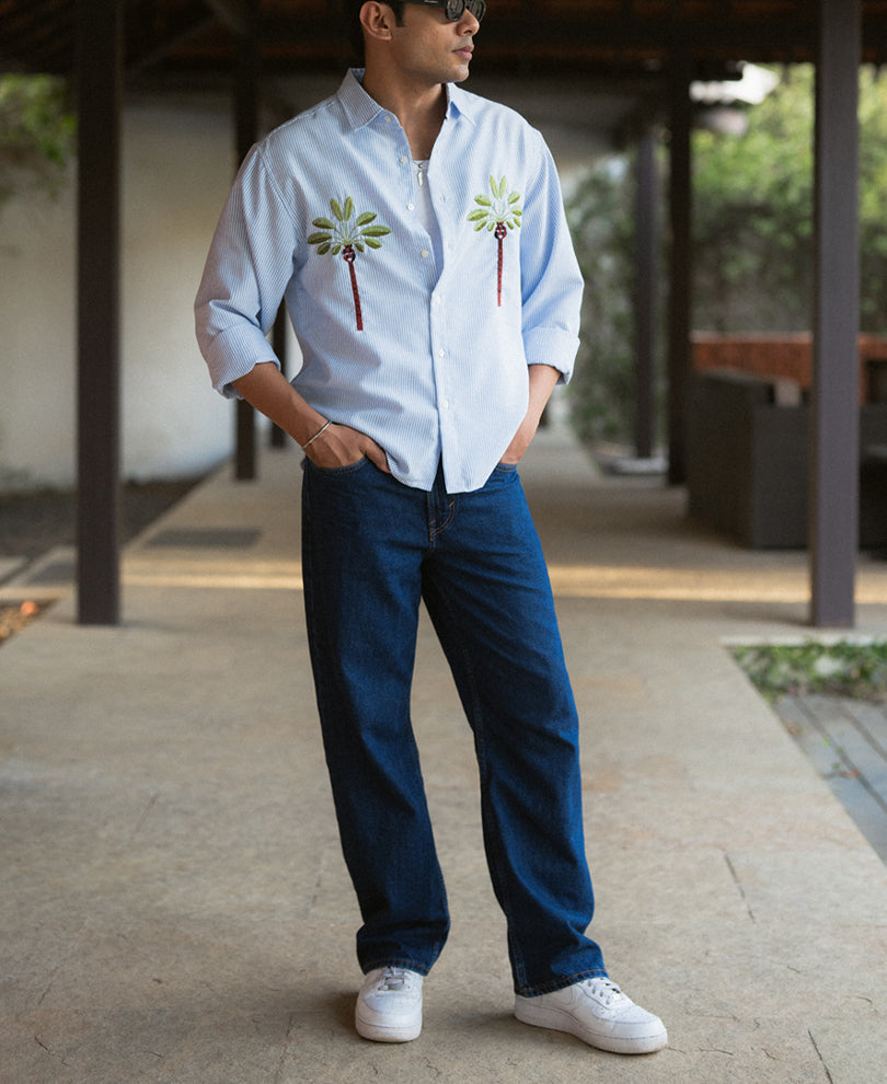 Blue Stripe Palm Embroidery Shirt
