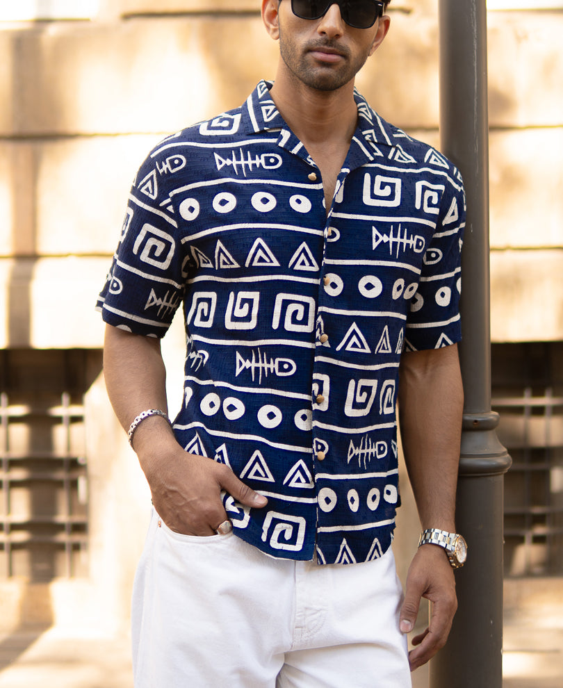 Navy Tribal Print Shirt 100% Cotton