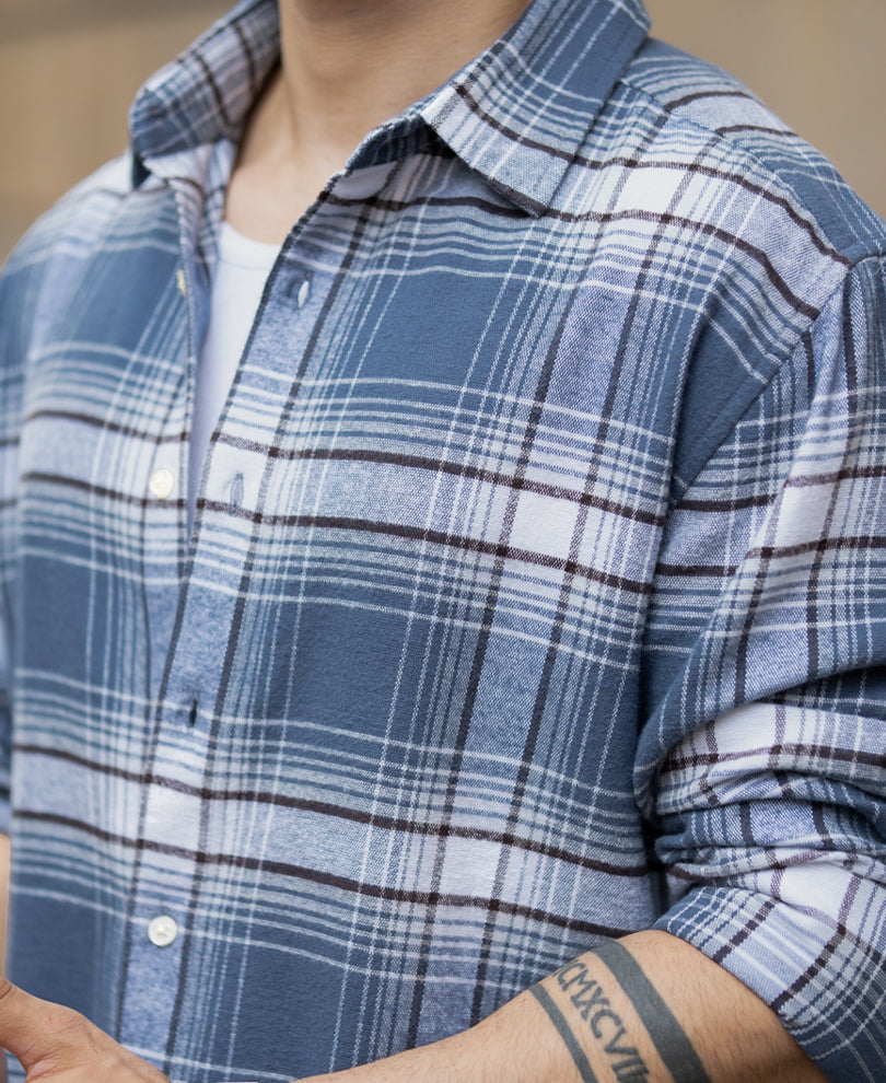 Grey Sky Structured Checks Shirt 100% Cotton