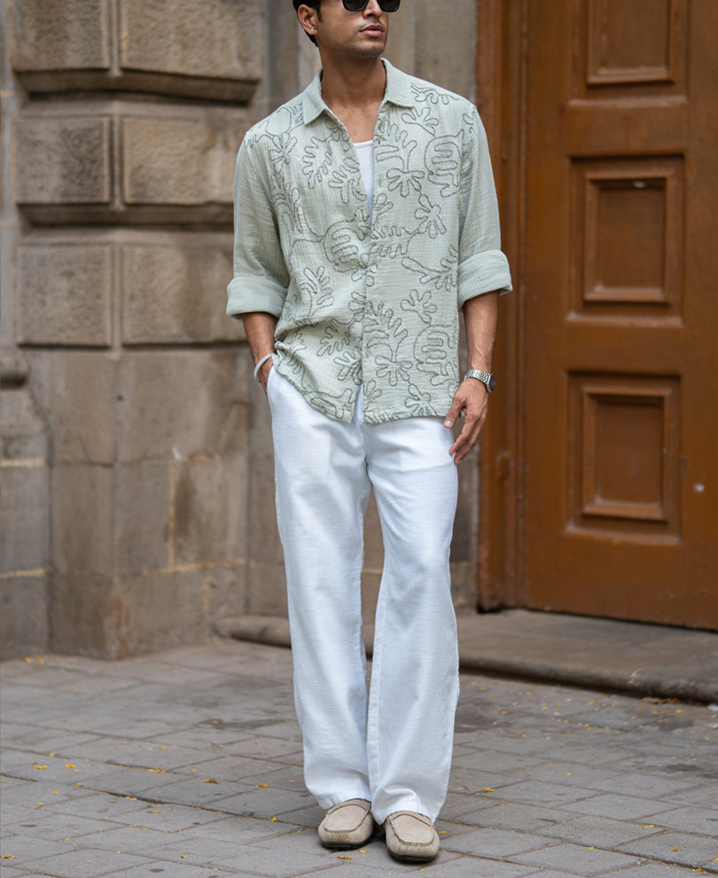 Sage Green Embroidered Shirt 100% Cotton