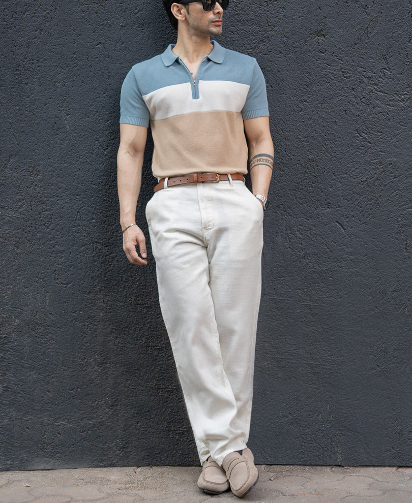 Blue & Beige Stripe Knit T-Shirt 100% Cotton
