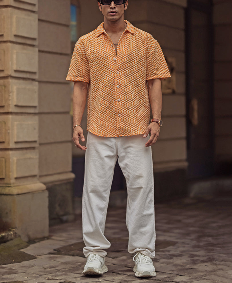 Orange and White Crochet Knit Oversized Shirt 100% Cotton