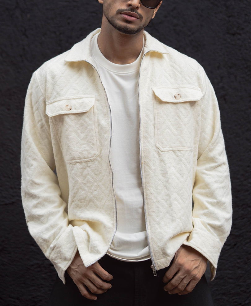 Cream Zip Style Full Sleeves Regular Fit Shirt