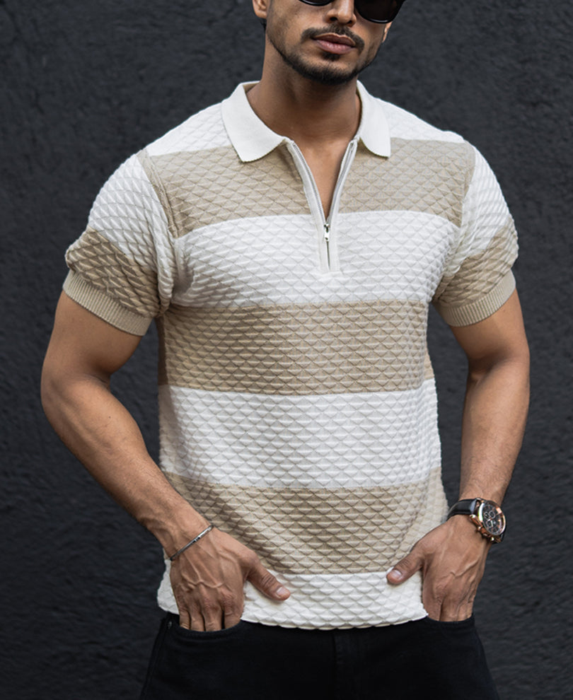 Off White Structured Striped Regular Half Sleeves T Shirt 100% Cotton