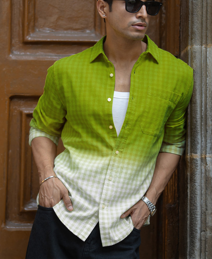 Lime Green Ombre Checks Shirt 100% Cotton