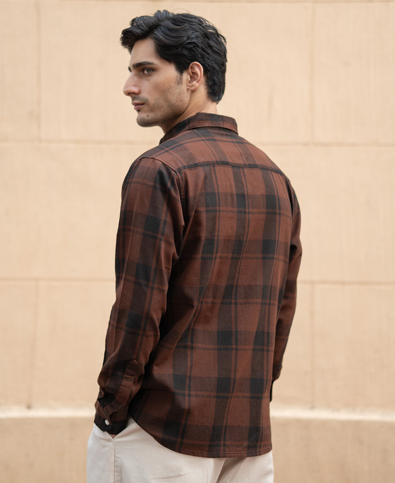 Dark Brown Structured Checked Shirt 100% Cotton