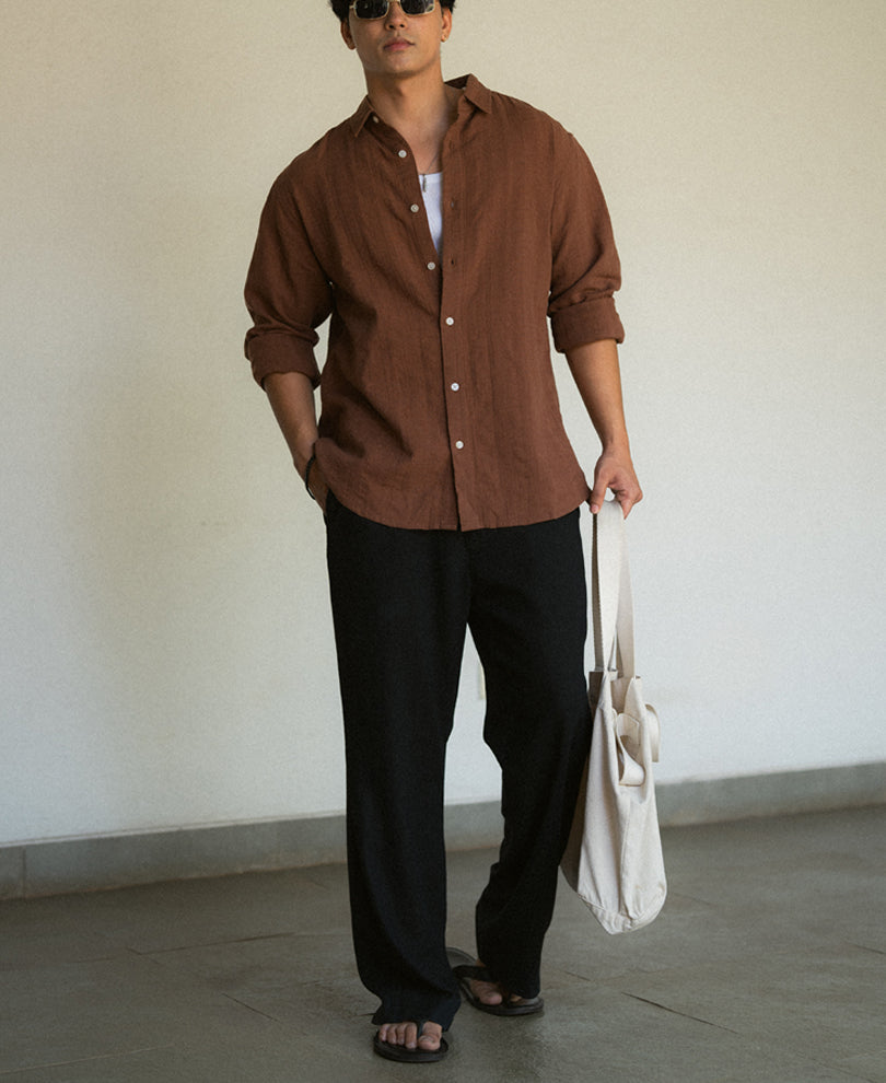 Brown Plain Structure Shirt 100% Cotton