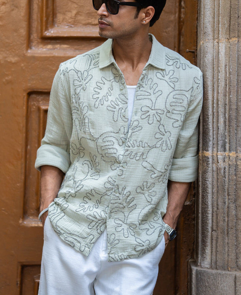 Sage Green Embroidered Shirt 100% Cotton