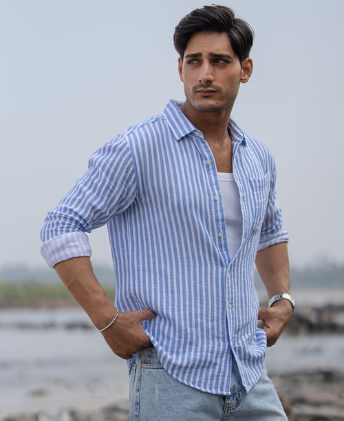 Blue Double Cloth Stripe Shirt 100% Cotton