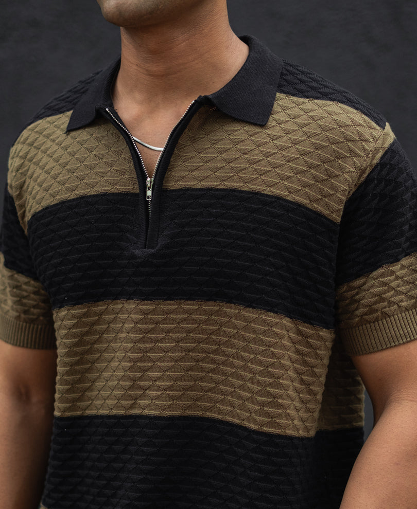 Olive Green and Black Structured Striped Regular Half Sleeves T Shirt 100% Cotton