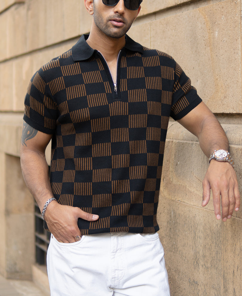 Brown And Black Jacquard Knit T-Shirt 100% Cotton