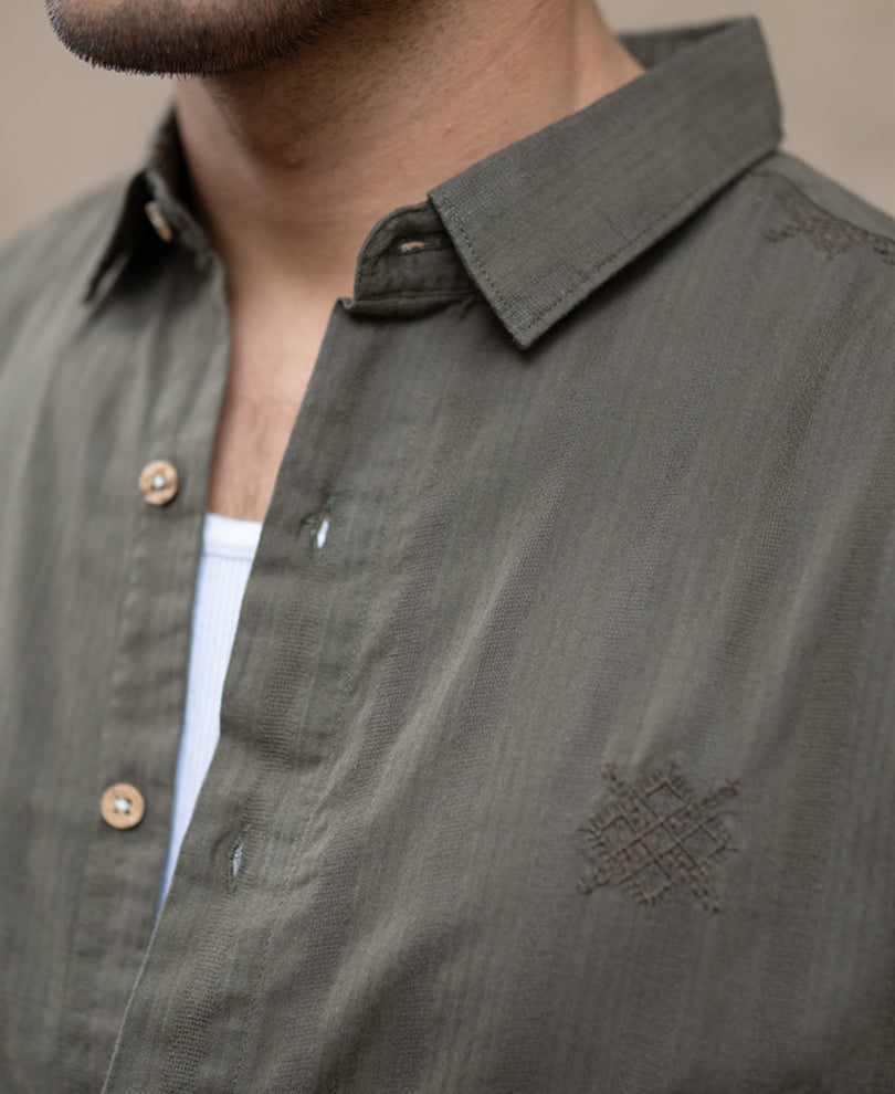Olive Structure Embroidered Shirt 100% Cotton