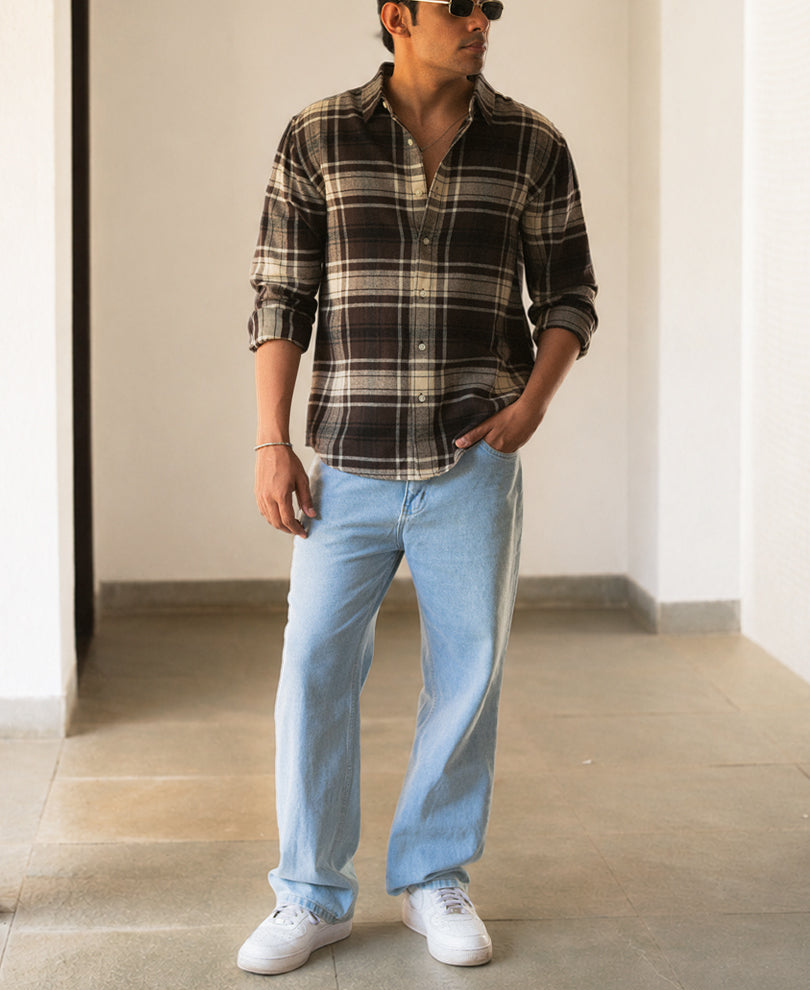Brown & Off-White Structured Checks Shirt 100% Cotton