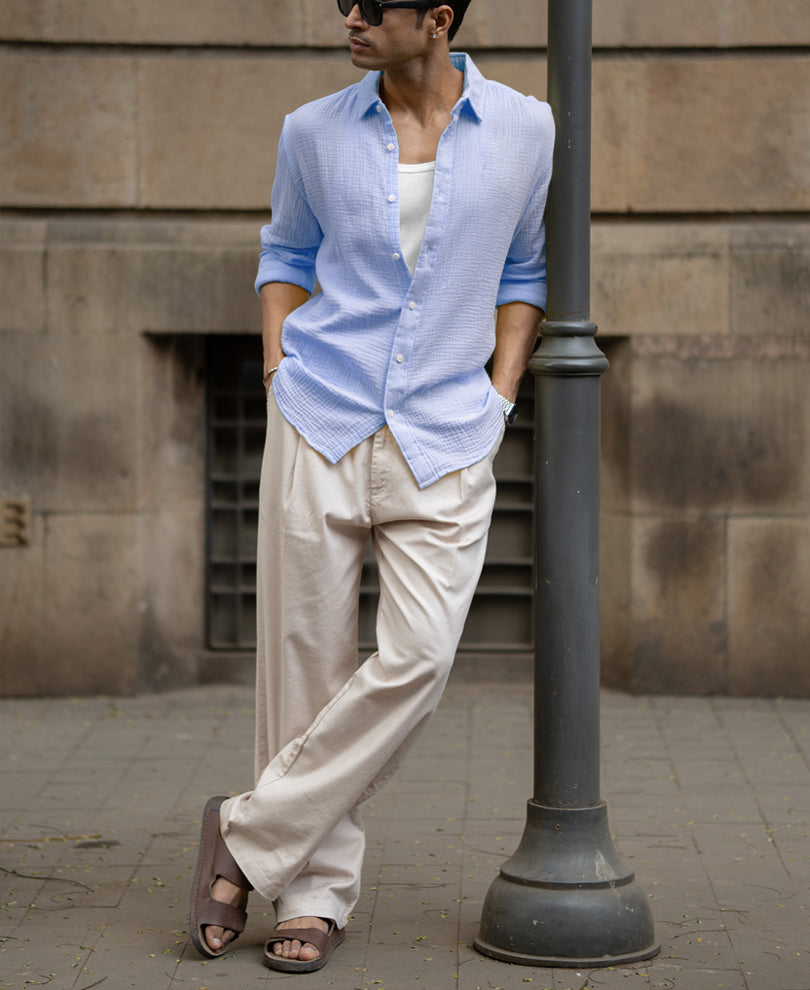 Light Blue Crinkled Shirt 100% Cotton