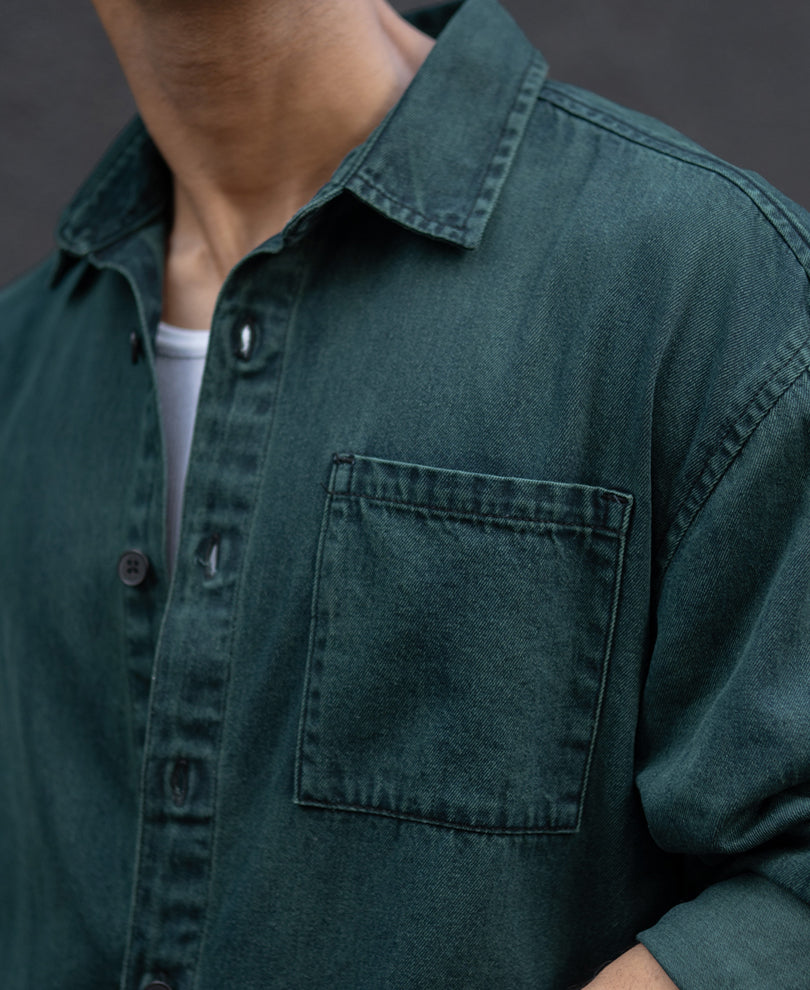 Dark Green Over Dyed Denim Shirt 100% Cotton