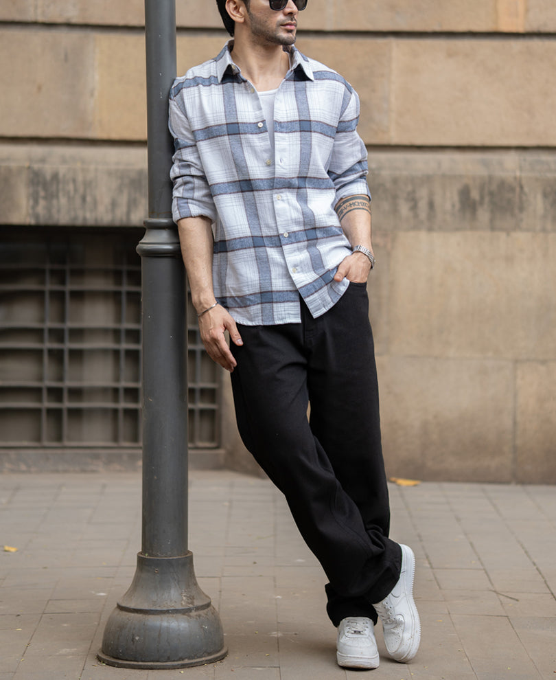 Grey Structured Checked Shirt 100% Cotton