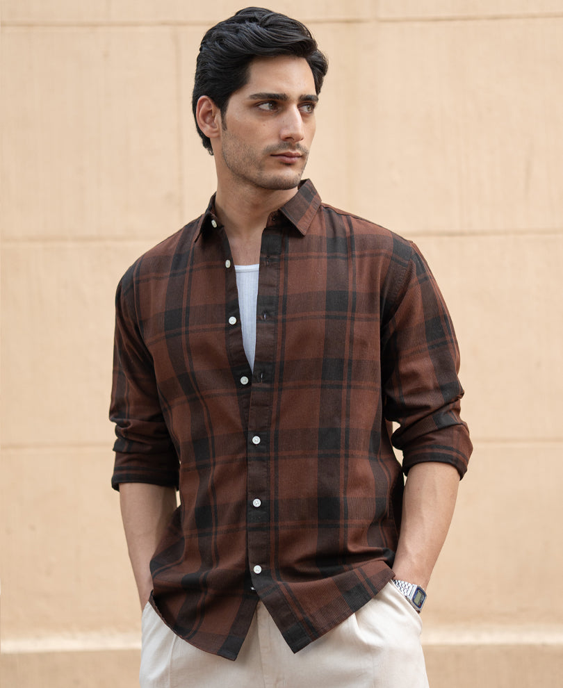 Dark Brown Structured Checked Shirt 100% Cotton