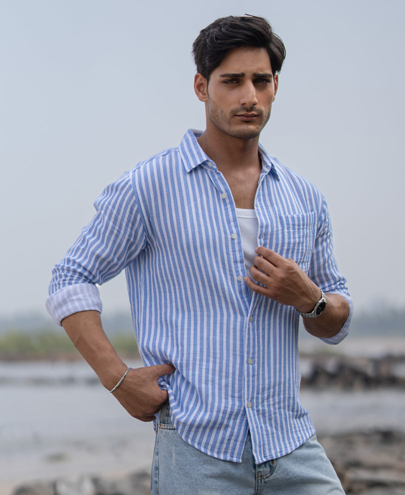 Blue Double Cloth Stripe Shirt 100% Cotton