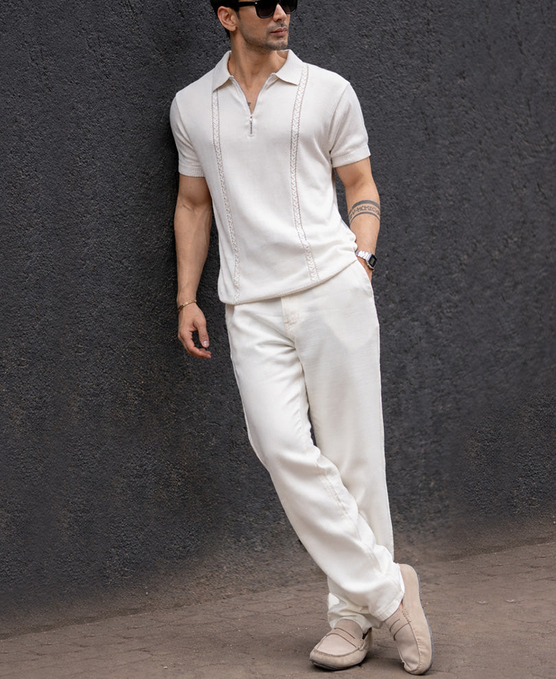 White Structured Knit Zipper T-Shirt 100% Cotton